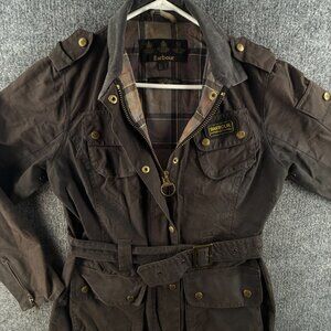 Barbour International USA 6 Waxed Jacket Women Zip Belted Cotton Canvas Gray